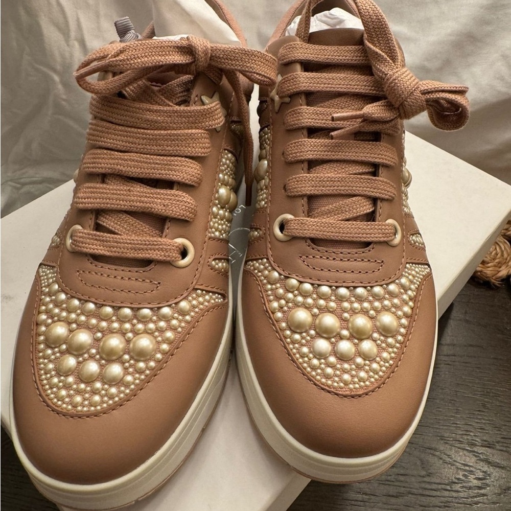 Jimmy Choo Hawaii Pearl Leather Flatform Sneakers Size 38 NWOB